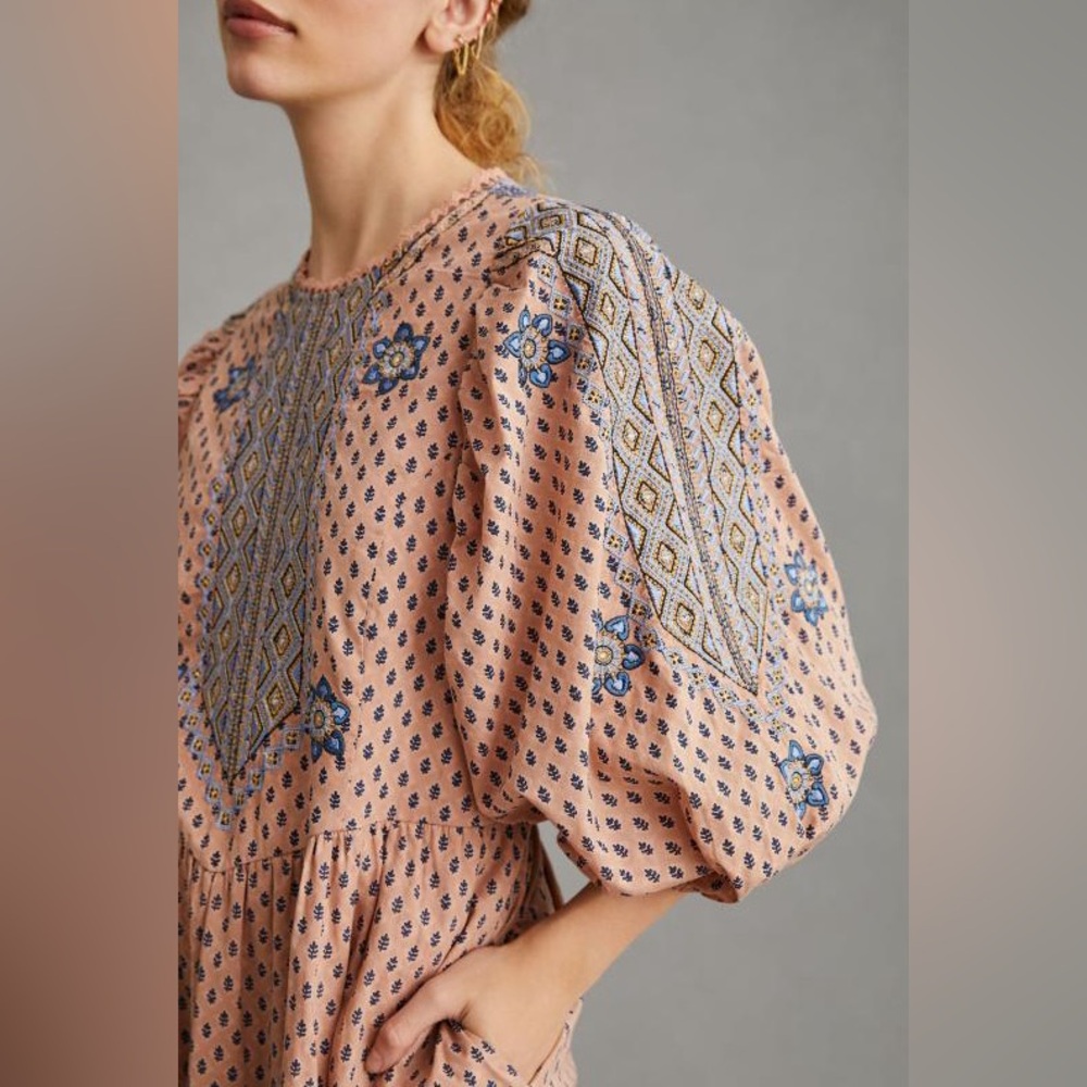Anthropologie Peach Printed Mini Dress with Blue Floral Embroidery